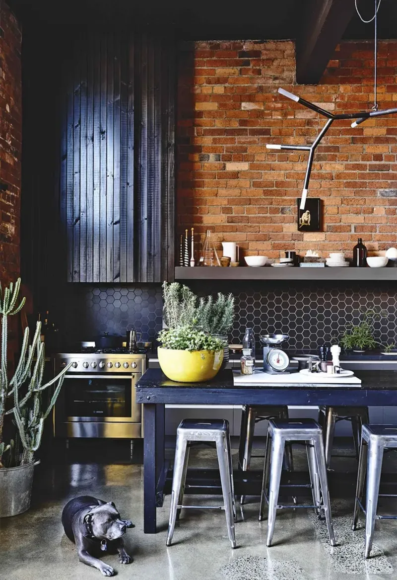 Rustic Wood Cabinets with Exposed Brick