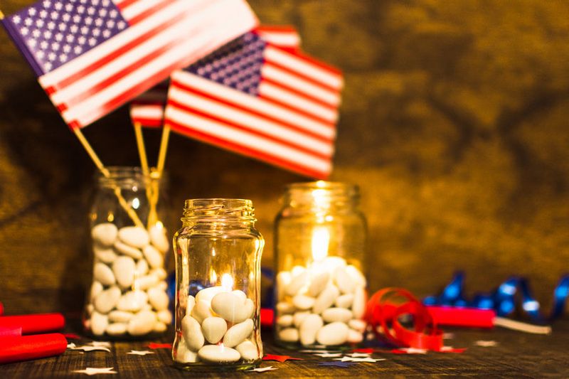 Mason Jars Wrapped in Twine and Flag Stickers