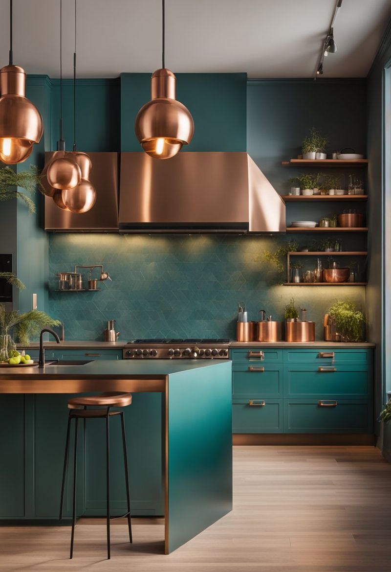 Matte Teal Walls Framed by Copper Open Shelving