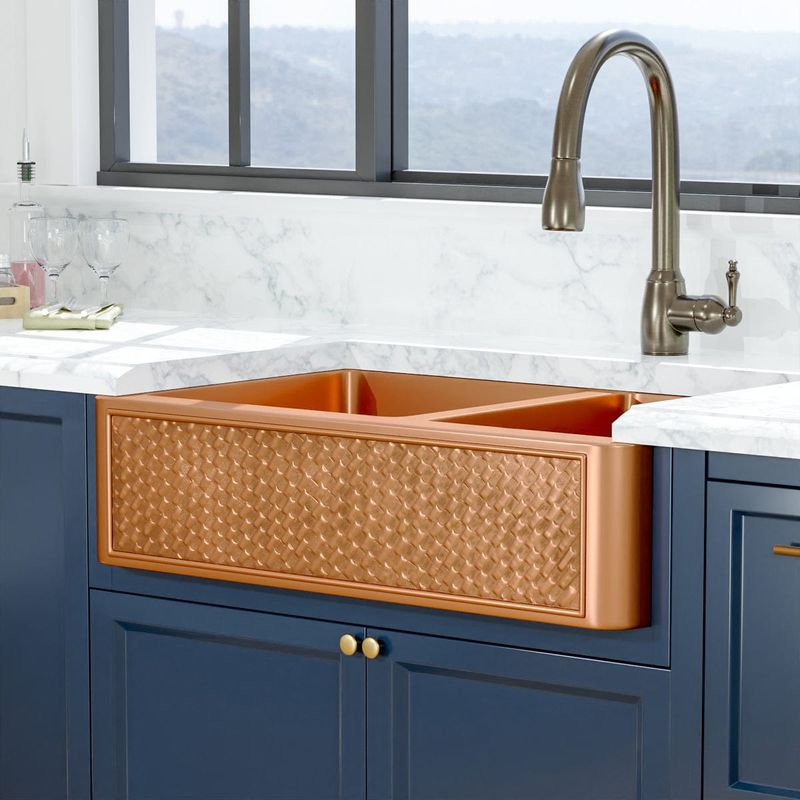 Copper Farm Sink Set in a Teal Concrete Counter