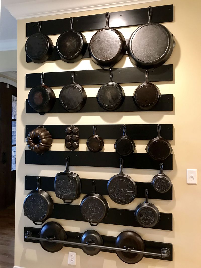 Hang Cast Iron Skillets in a Grid