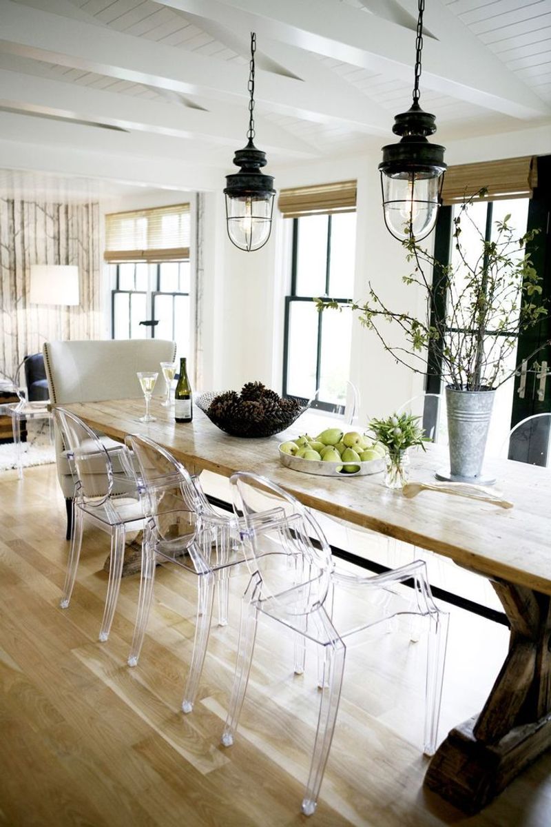 Lucite Ghost Chairs Paired with Woven Rattan